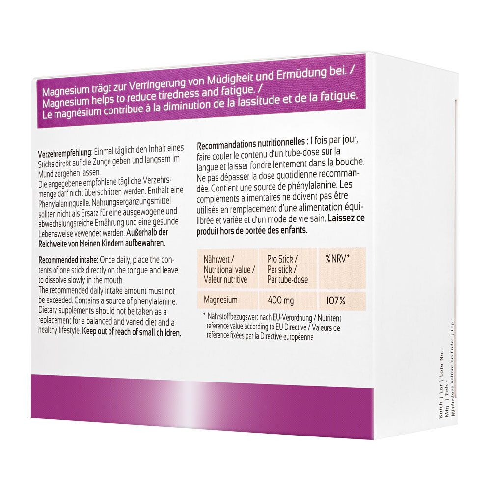 Rückseite der "magnes direct"-Schachtel. Text über Magnesium und Anwendung. Nährwerttabelle. Warnhinweis.