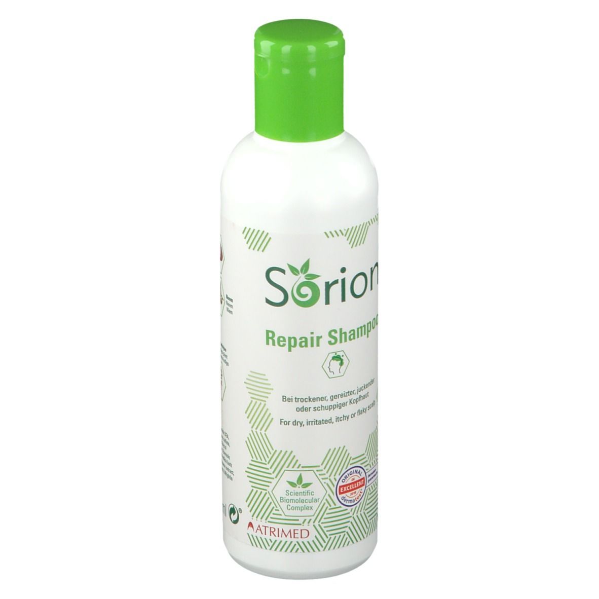Sorion Repair Shampoo Flasche mit grünem Klappdeckel. Beschriftung auf Deutsch und Englisch.