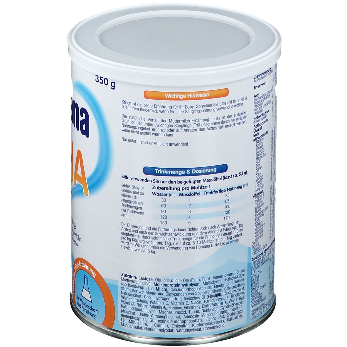 Rückseite der Dose Humana 0-HA. Text in deutscher Sprache. Dosierungs- und Zubereitungshinweise.