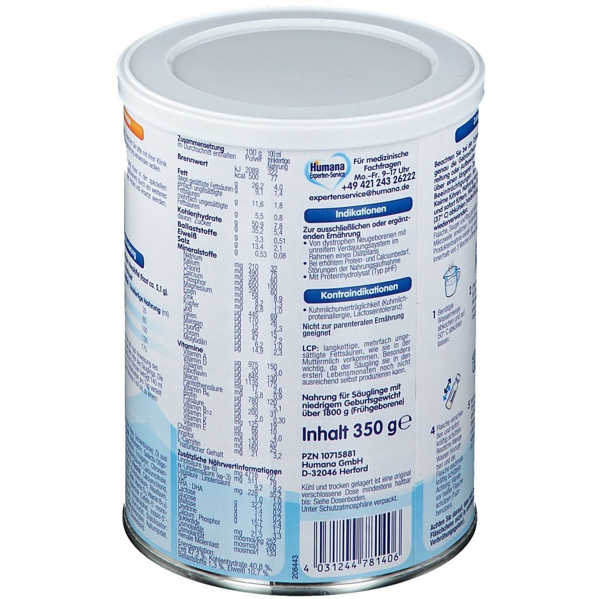 Rückseite der Dose Humana 0-HA. Nährwertangaben und Kontaktinformationen. 350g. Text in deutscher Sprache.