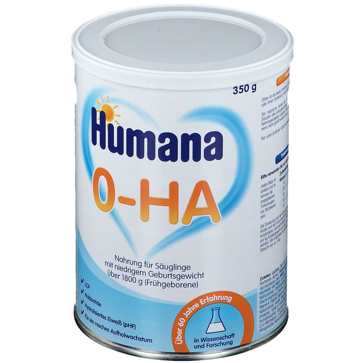 Weiße Dose Humana 0-HA. Blaue Herzform mit Text. 350g. Nahrung für Säuglinge mit niedrigem Geburtsgewicht.
