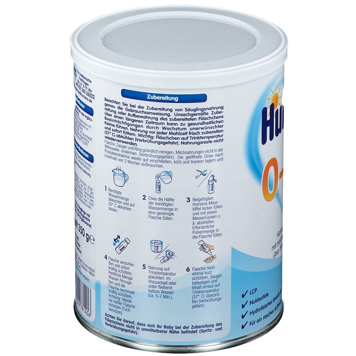 Rückseite der Dose Humana 0-HA. Zubereitungshinweise mit Illustrationen. Text in deutscher Sprache.