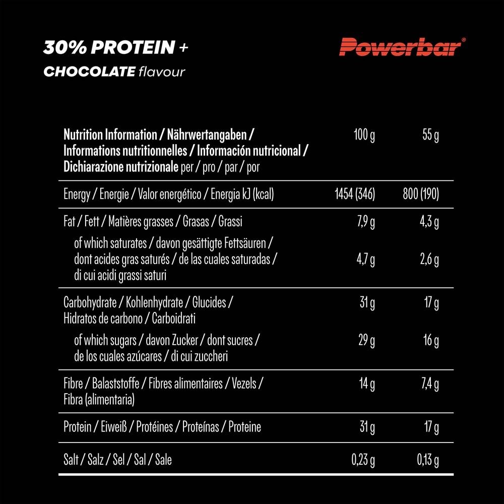 Nährwertangaben auf schwarzem Hintergrund. Angaben in Deutsch, Englisch, Französisch und Italienisch. 100g und 55g.