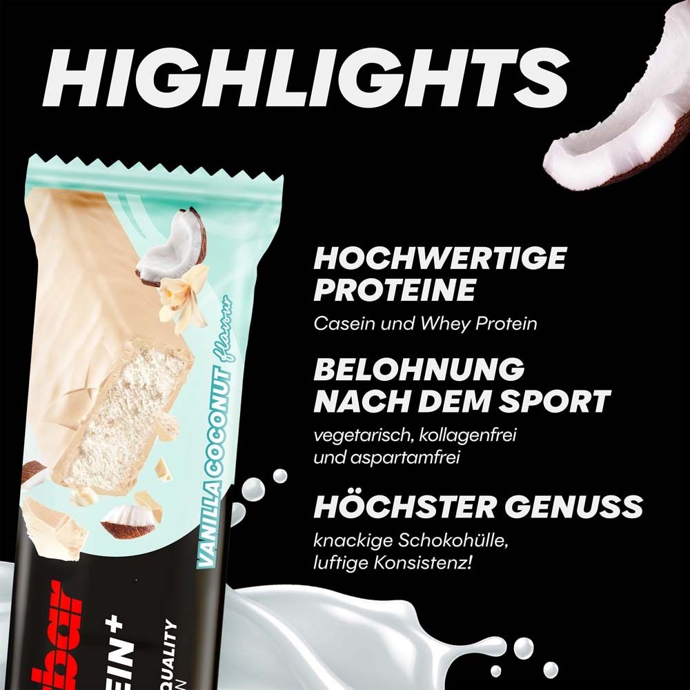 PowerBar 30% Protein Plus Vanilla Coconut Riegel. Text: 'HIGHLIGHTS' und Produktvorteile. Kokosnuss und Milchspritzer.