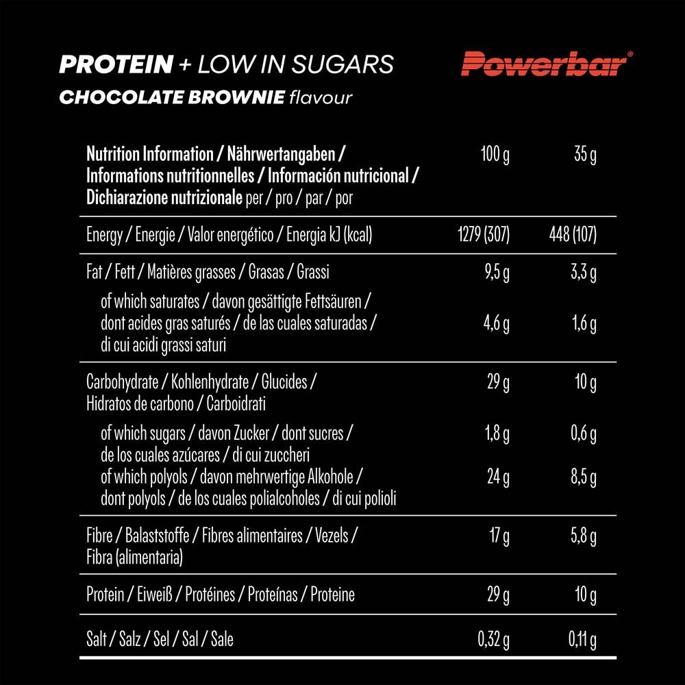 Nährwertangaben für Powerbar PROTEIN+ LOW SUGAR CHOCOLATE BROWNIE. Tabelle mit Informationen zu Nährwerten pro Portion.