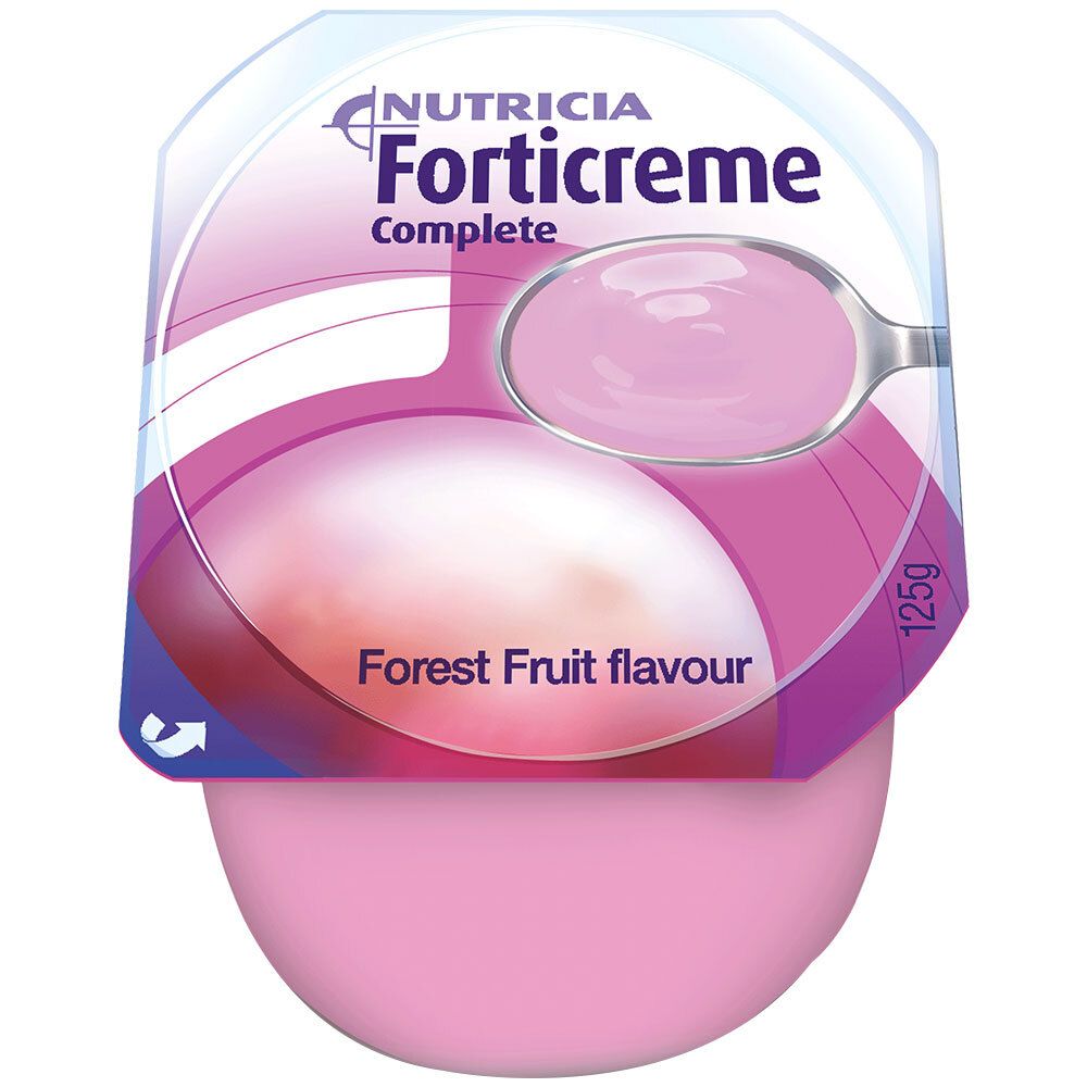 Forticreme Complete Waldbeere Becher mit Löffel und Produktabbildung.
