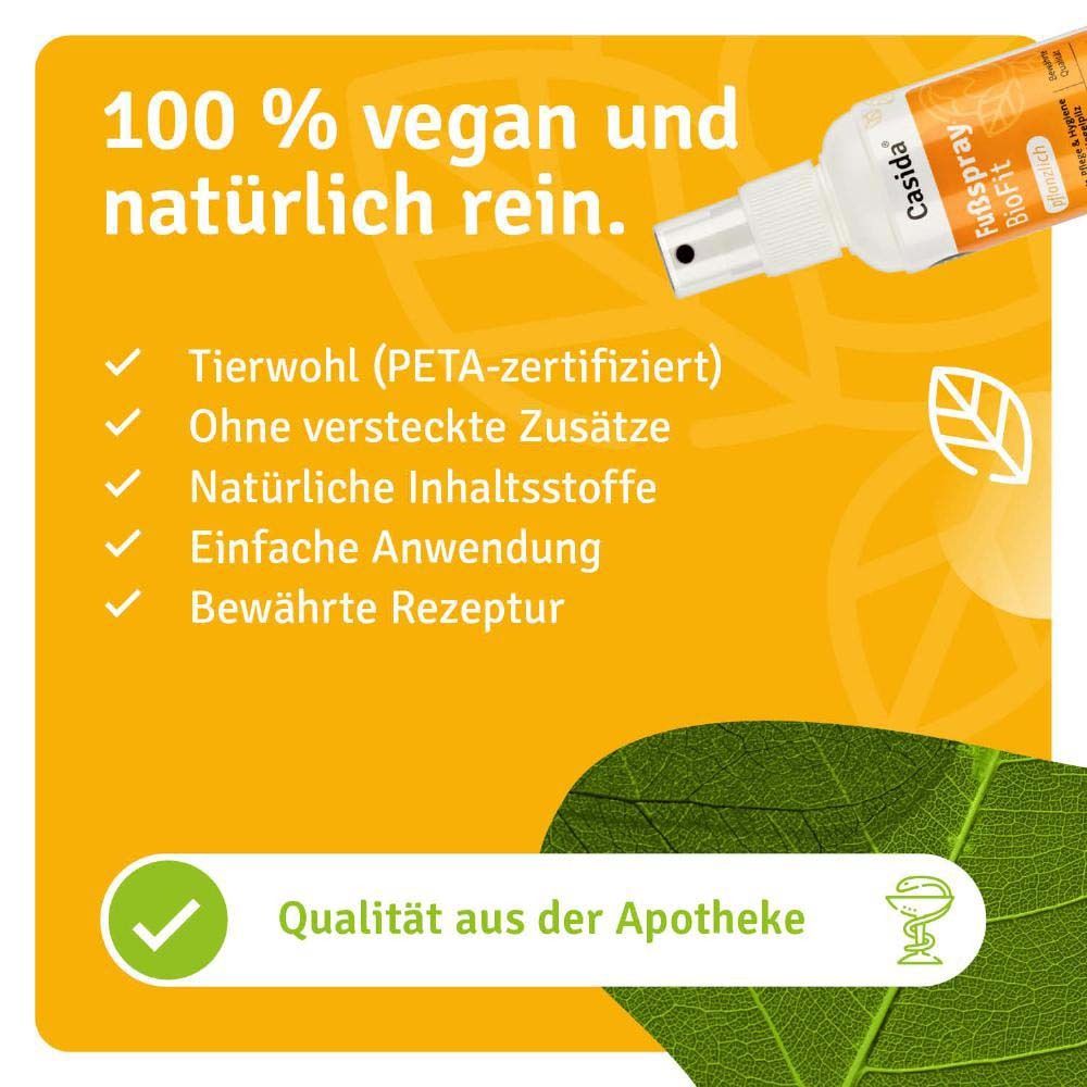 Orangefarbener Hintergrund mit Text und Icons. Text: 100 % vegan und natürlich rein. Tierwohl (PETA-zertifiziert), Einfache Anwendung, Bewährte Rezeptur.