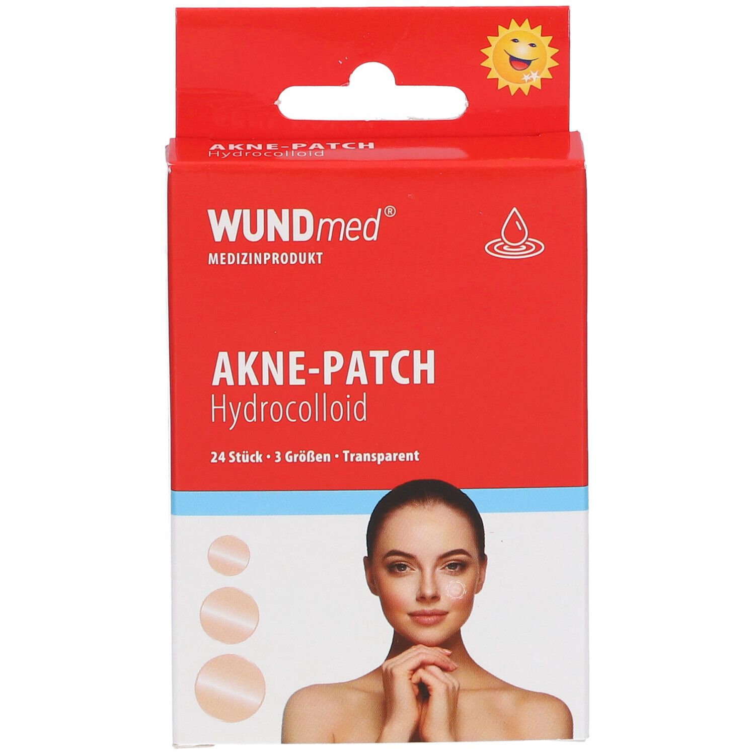 Rote Verpackung mit Produktnamen und Abbildung. Enthält 24 transparente Hydrokolloid-Patches in 3 Größen.
