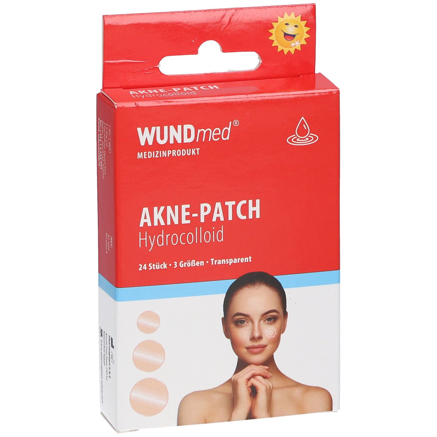 Rote Verpackung mit Produktnamen und Abbildung. Enthält 24 transparente Hydrokolloid-Patches in 3 Größen.