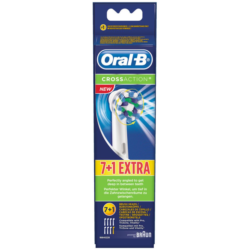 Verpackung mit Oral-B CrossAction Ersatz-Aufsteckbürsten. Enthält 7+1 Bürstenköpfe. Blaue, weiße und grüne Borsten.