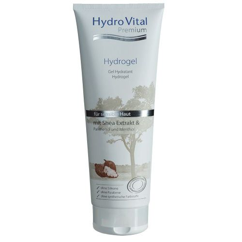 Weißer Tubenbehälter mit Produktnamen und -bezeichnung. Enthält Shea-Extrakt, Panthenol und Menthol. Für sensible Haut.
