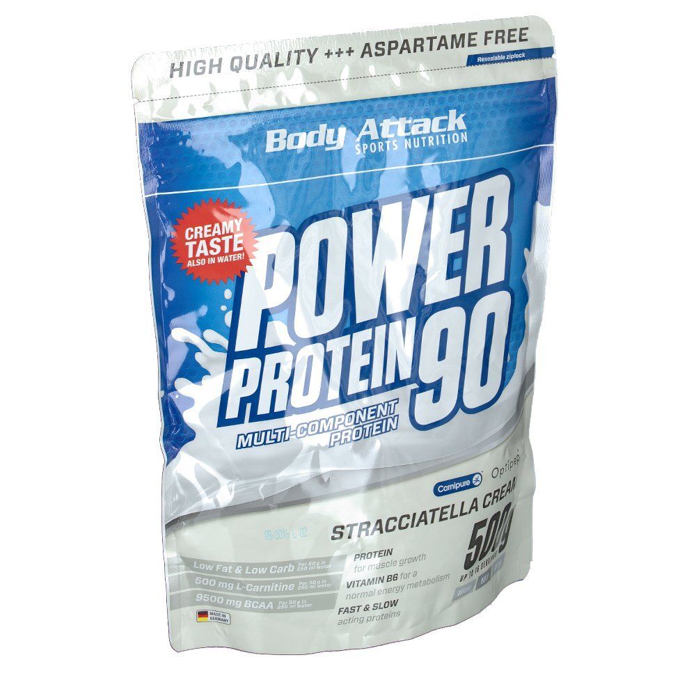 Beutel mit Body Attack Power Protein 90 Stracciatella Cream. Haupttext: Power Protein 90. Enthält 500g. Aspartamfrei.