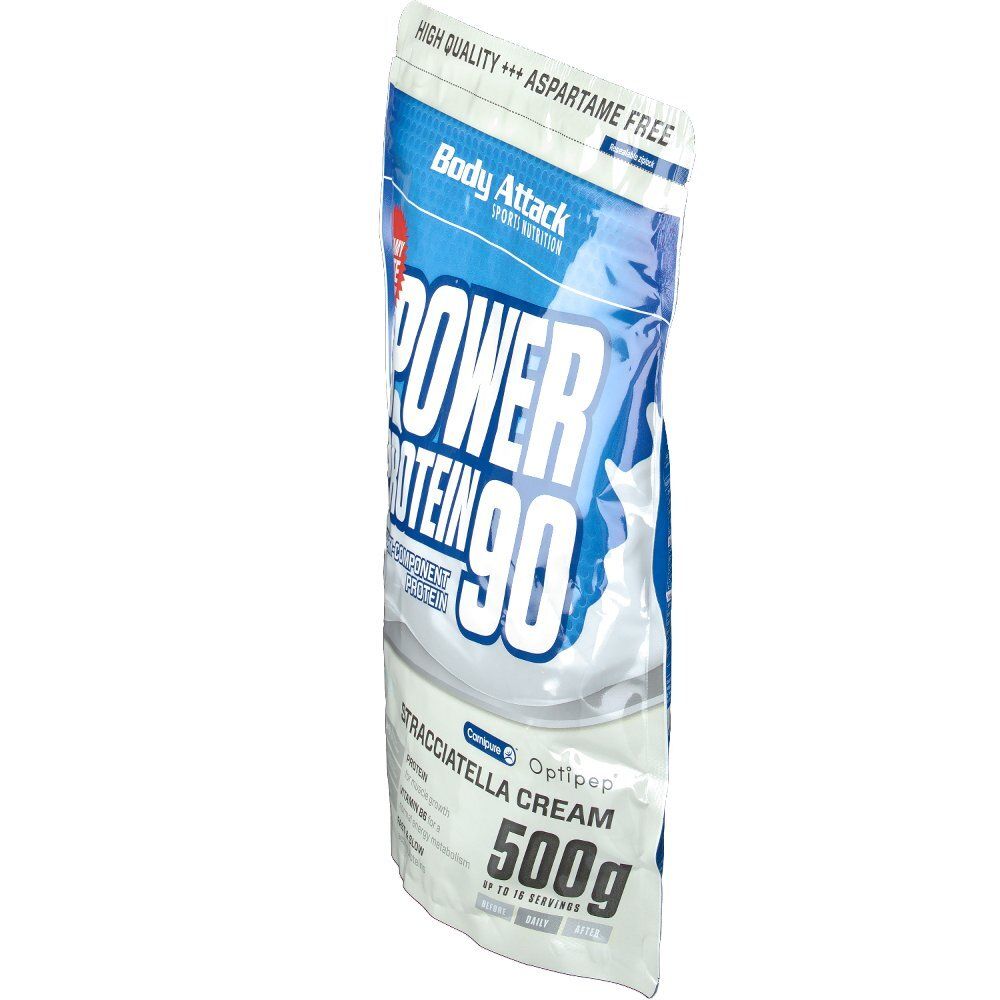 Body Attack Power Protein 90 Stracciatella Cream Beutel, schräg. Haupttext: Power Protein 90. Enthält 500g. Aspartamfrei.