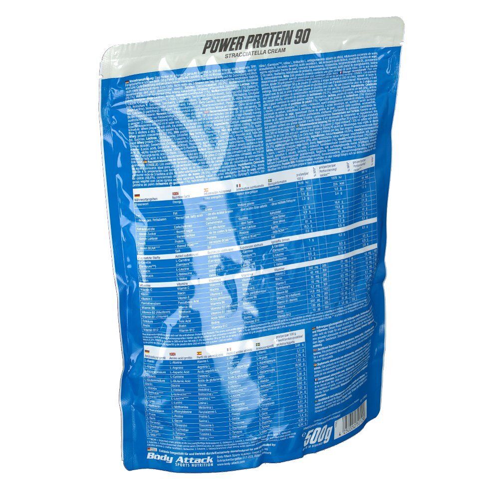 Rückseite des Body Attack Power Protein 90 Stracciatella Cream Beutels. Haupttext: Power Protein 90. Enthält 500g.