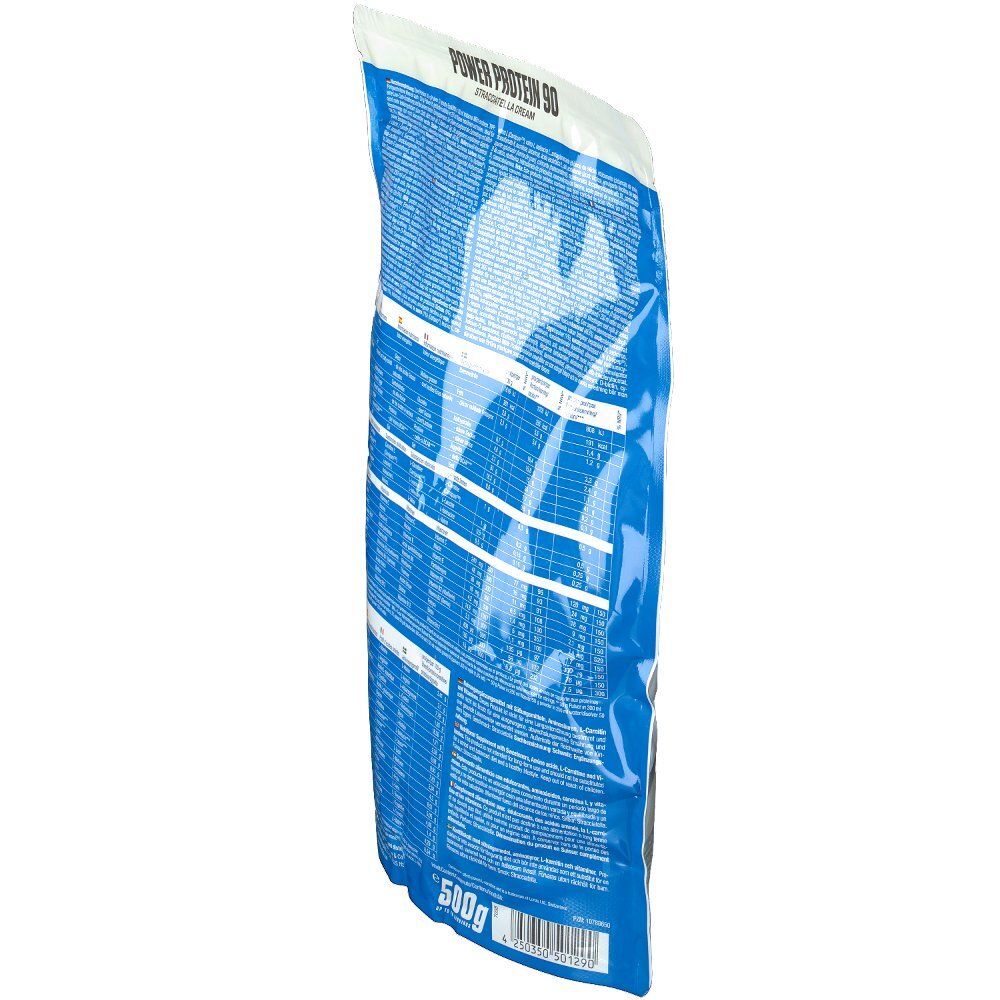 Schrägansicht der Rückseite des Body Attack Power Protein 90 Stracciatella Cream Beutels. Enthält 500g.