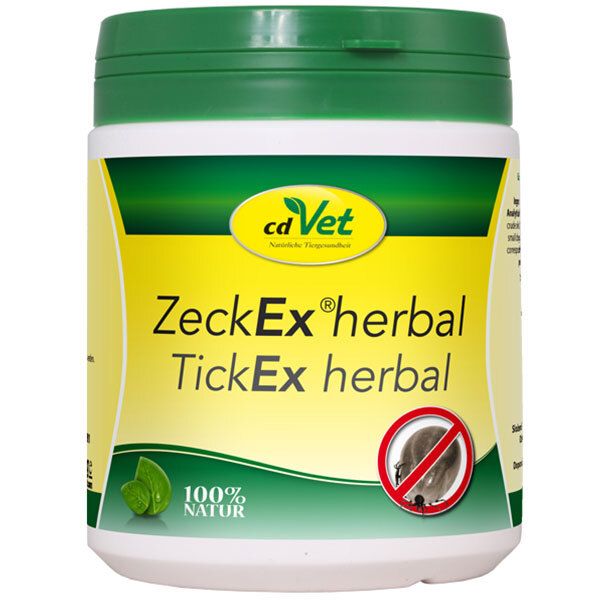 Weiß-grüne Dose mit Deckel. Aufschrift: cd Vet ZeckEx herbal. Abbildung einer Zecke im roten Kreis. 100% Natur.