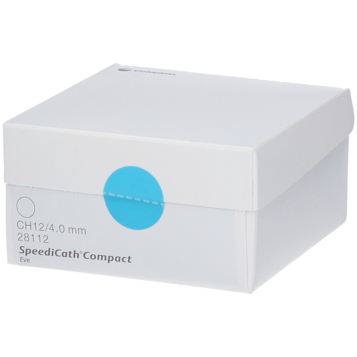 Weiße quadratische Box mit blauem Kreis. Aufschrift: CH12/4.0 mm, SpeediCath® Compact Eve.
