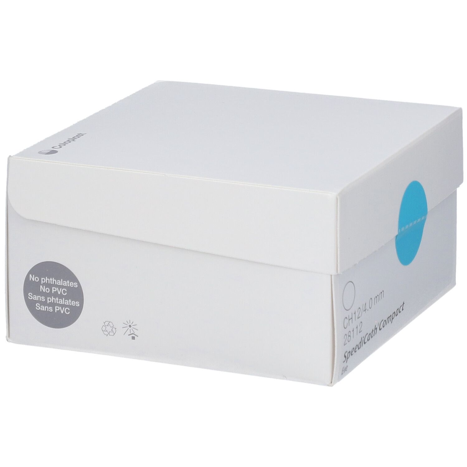 Weiße Box mit blauem Kreis. Aufschrift: CH12/4.0 mm, SpeediCath® Compact Eve. Hinweis: No phthalates, No PVC.
