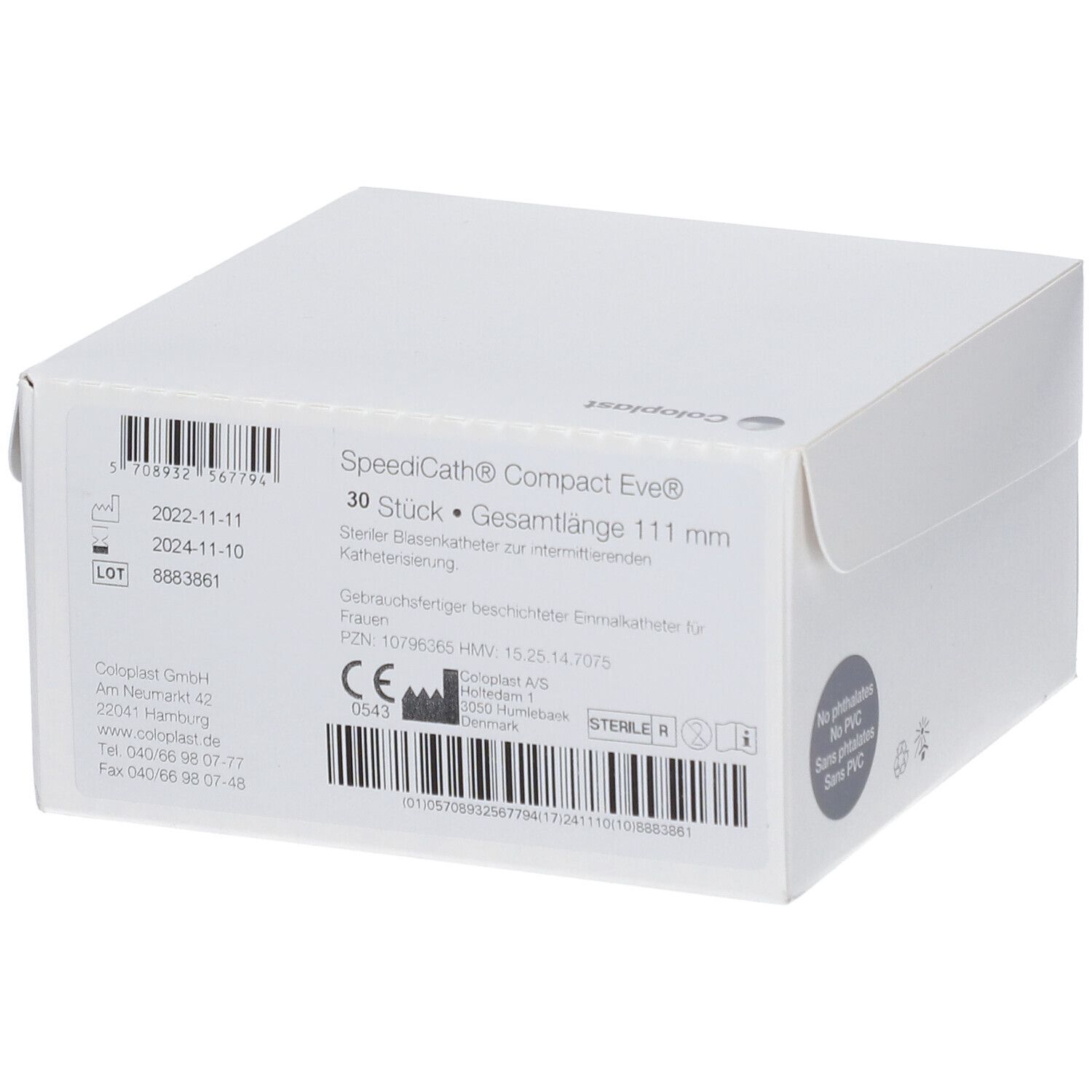 Weiße Box mit Text und Barcode. Aufschrift: SpeediCath® Compact Eve, 30 Stück, Gesamtlänge 111 mm.