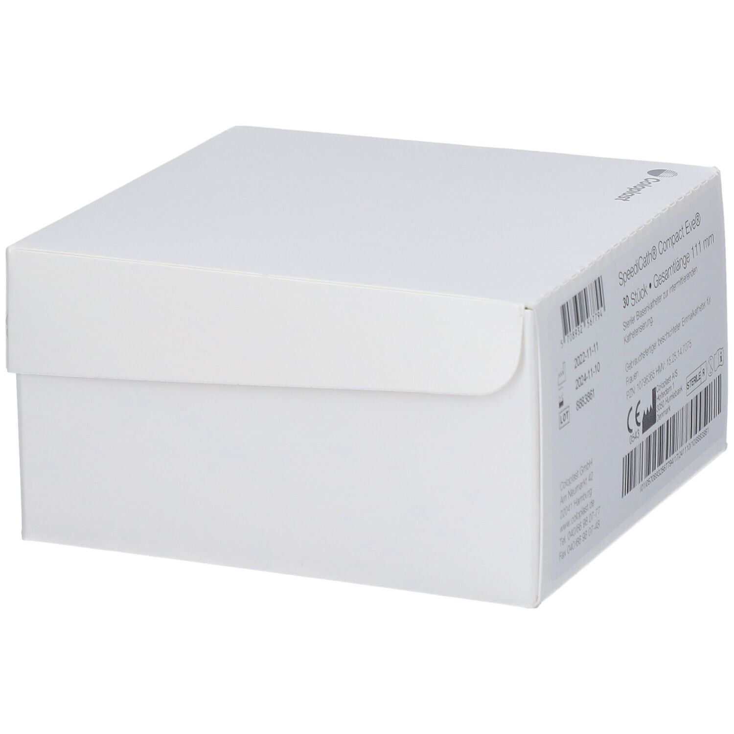 Weiße Box mit Text und Barcode. Aufschrift: SpeediCath® Compact Eve, 30 Stück, Gesamtlänge 111 mm.