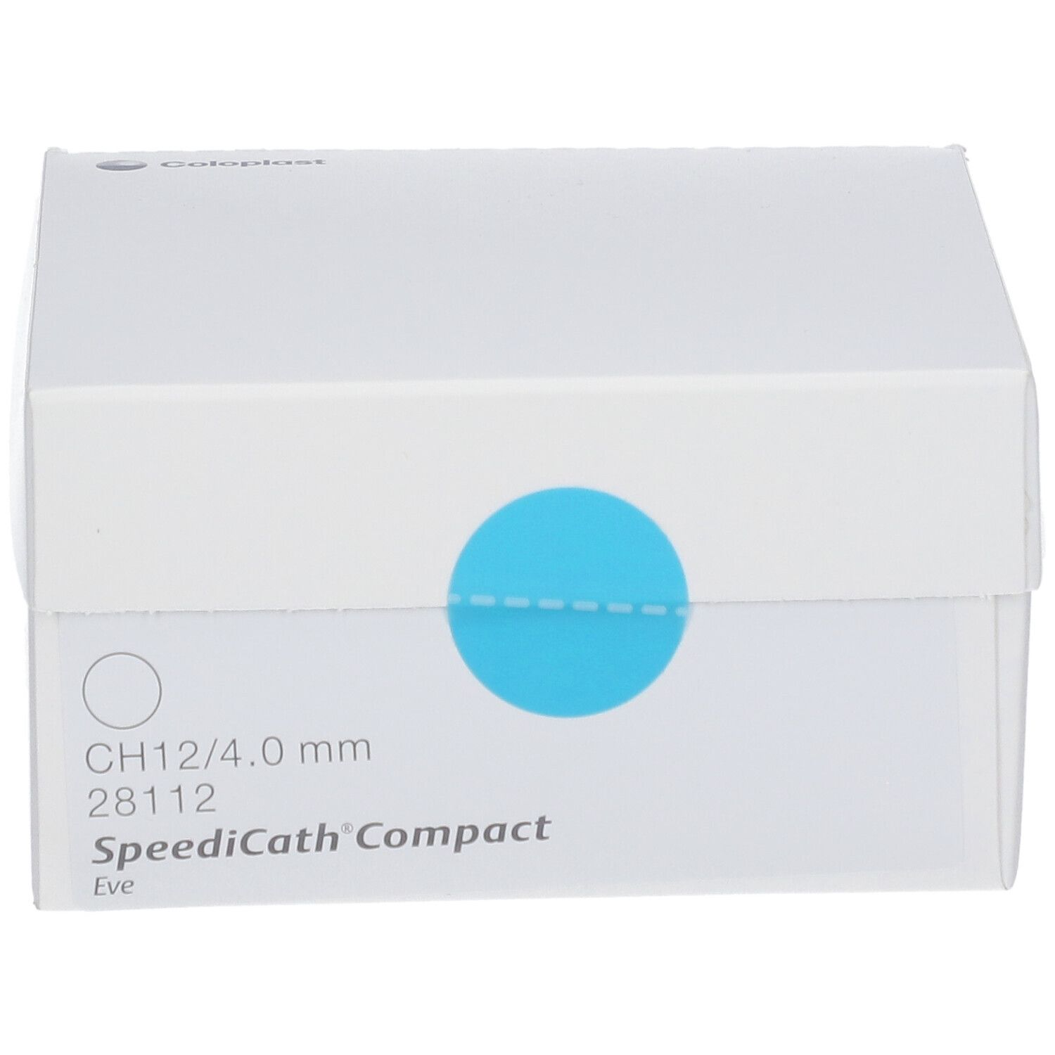 Weiße Box mit blauem Kreis. Aufschrift: CH12/4.0 mm, SpeediCath® Compact Eve.