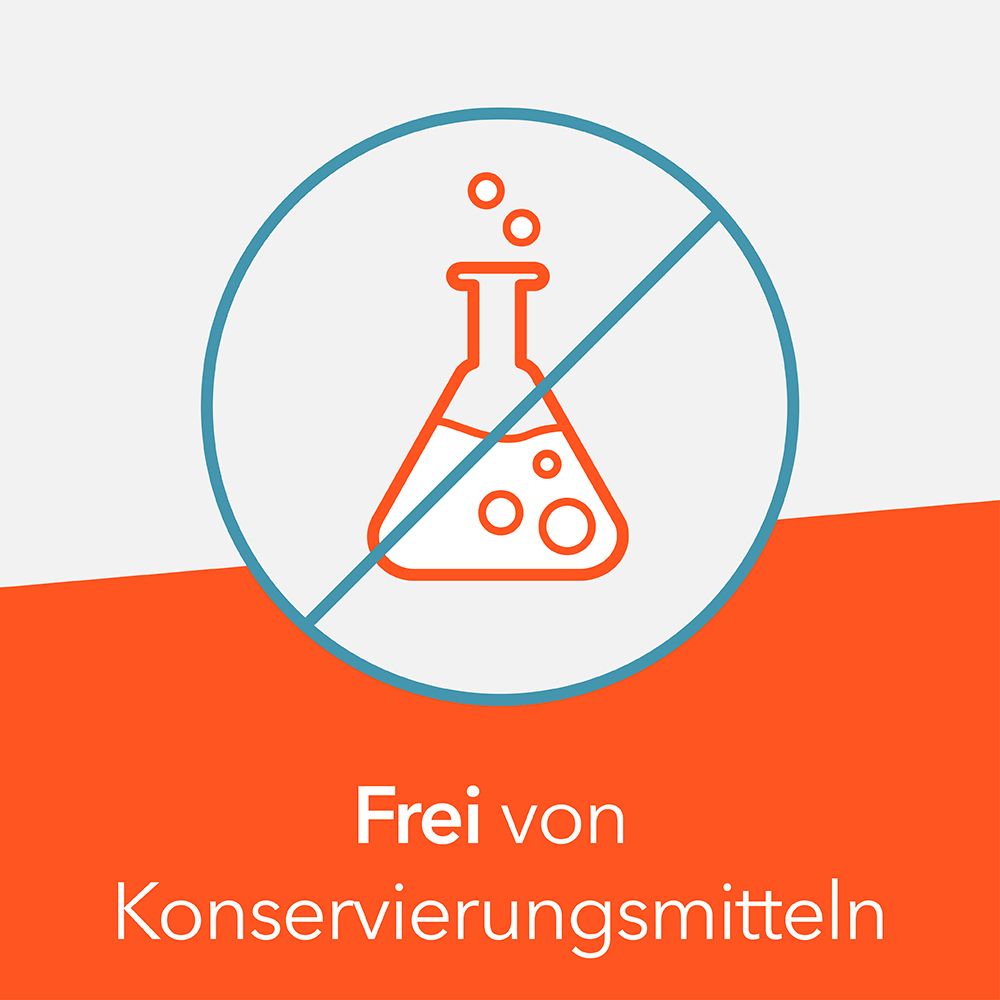 Grafik: Kolben mit Kreuz. Text: Frei von Konservierungsmitteln. Orangefarbener Hintergrund.