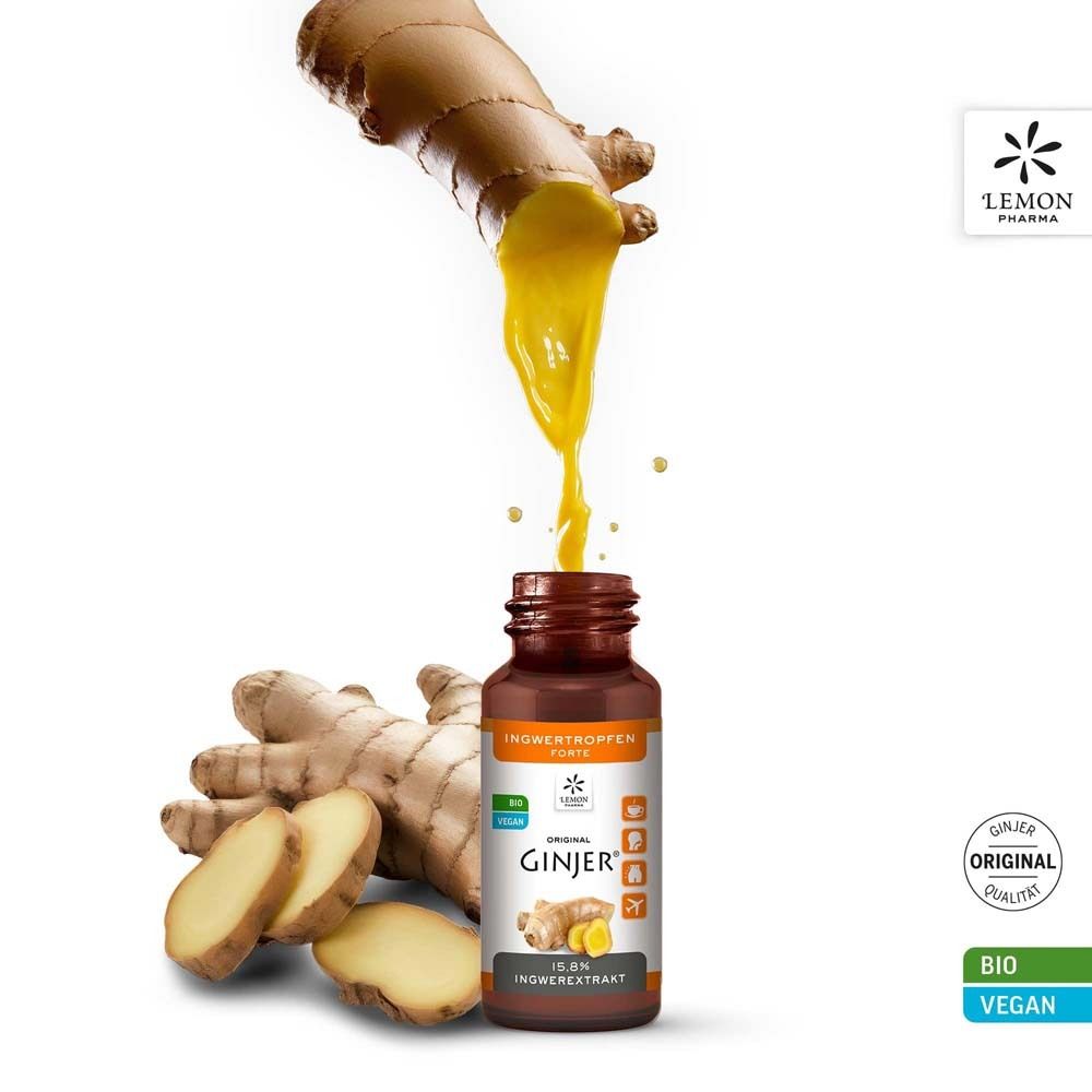 Braune Flasche mit Tropfen. Ingwer und Ingwerscheiben. Aufdruck: „GINJER® FORTE“ und „BIO VEGAN“.