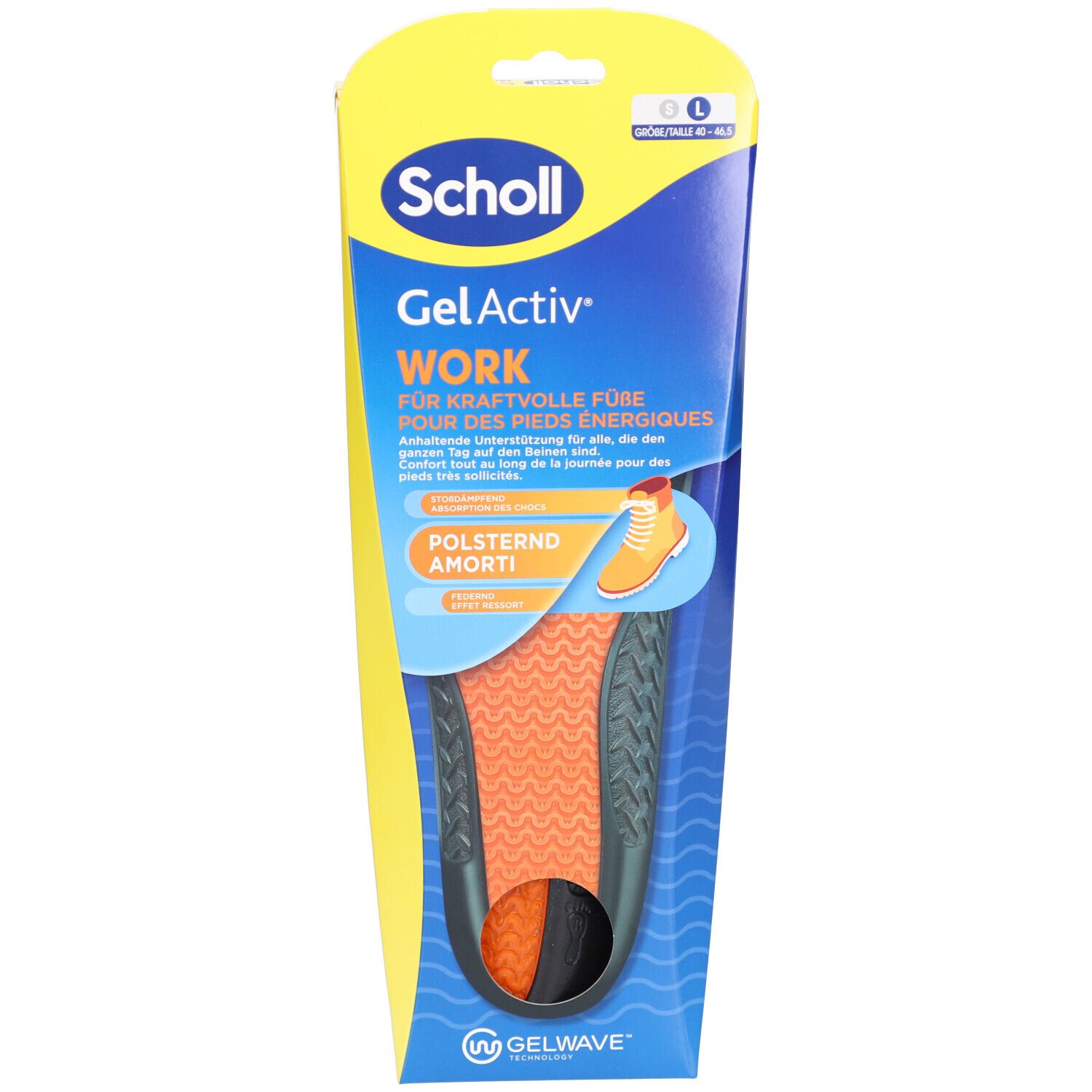 Scholl GelActiv Work Einlegesohle in Verpackung. Orangefarbene und graue Einlegesohle sichtbar. Gelb-blaue Verpackung. Text: "Ganz-Tage-Stoss-Dämpfung".