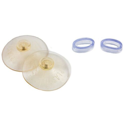 Zwei transparente Saugnäpfe mit gelben Mittelstücken und zwei blaue Ringe. Die Saugnäpfe sind rund und flach.