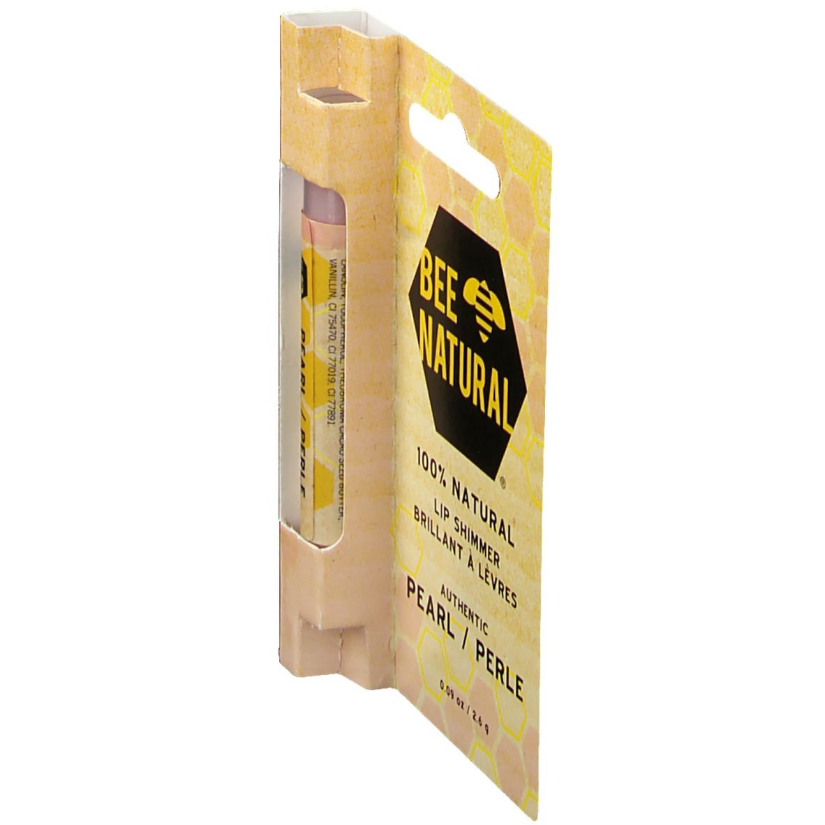 BEE NATURAL Pearl Lippenbalsam in Verpackung. Gelbe Verpackung mit Produktinformationen und Logo. Perspektivische Ansicht.