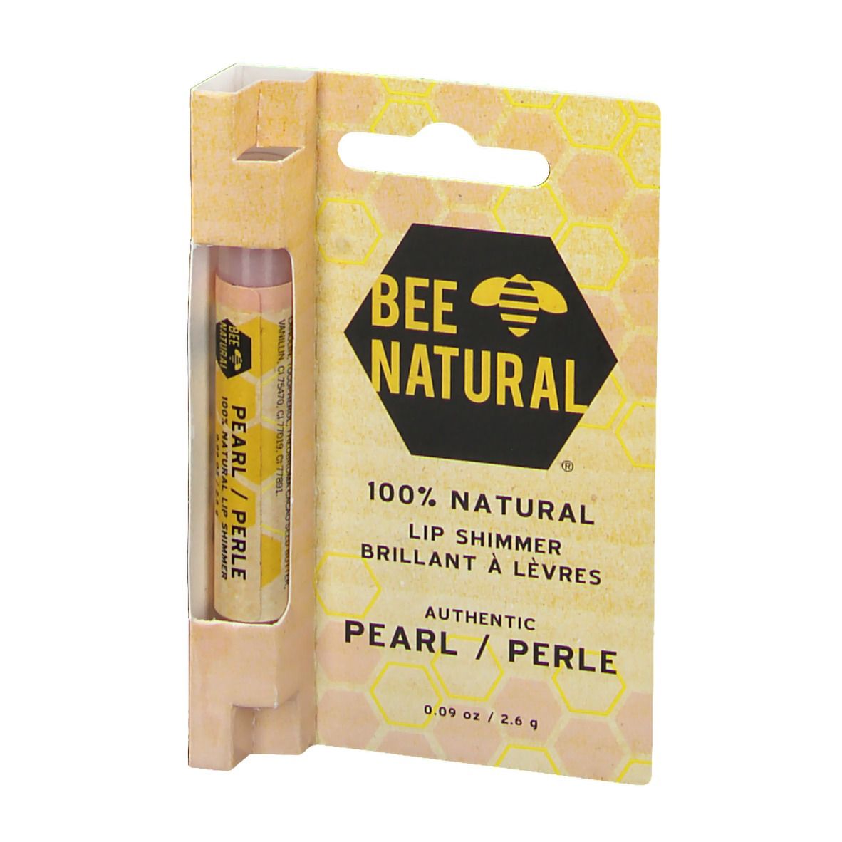 Lippenbalsam BEE NATURAL Pearl in Verpackung. Gelbe Verpackung mit Produktinformationen und Logo. Draufsicht.