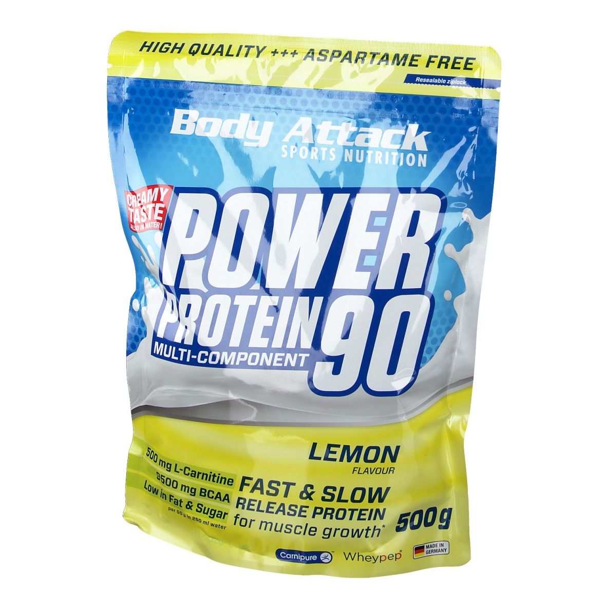 Beutel Body Attack Power Protein 90, Zitrone. Haupttext: Power Protein 90. Enthält L-Carnitin, BCAA und Fast & Slow Release Protein. 500g.
