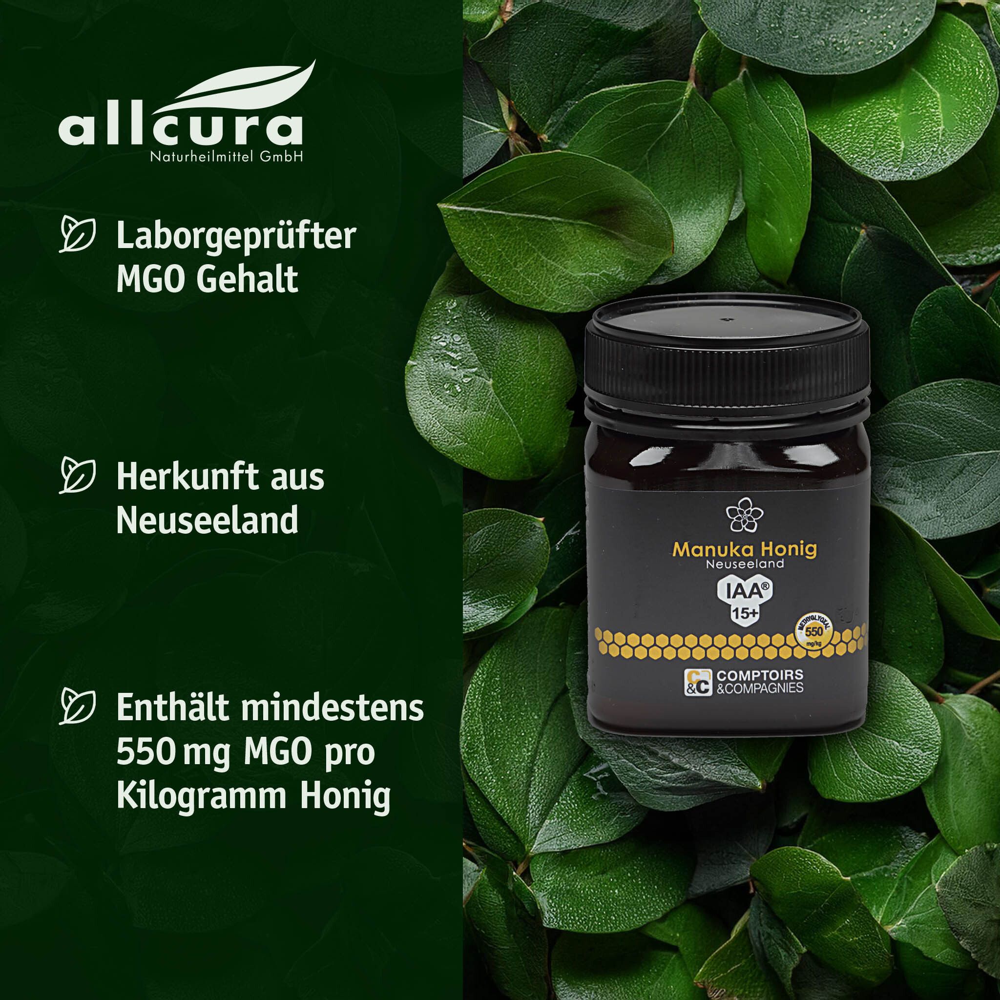 Glas mit Manuka Honig, IAA 15+, umgeben von Blättern. Logo: allcura Naturheilmittel GmbH. Text: Laborgeprüfter MGO Gehalt.
