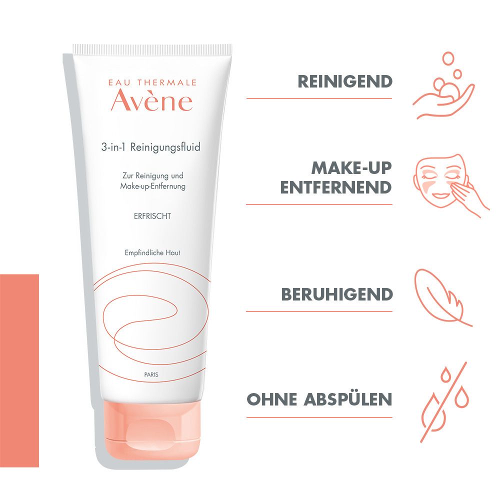 Avene 3-in-1 Reinigungsfluid Tube mit Beschriftung: Reinigend, Make-up entfernend, Beruhigend, Ohne Abspülen.
