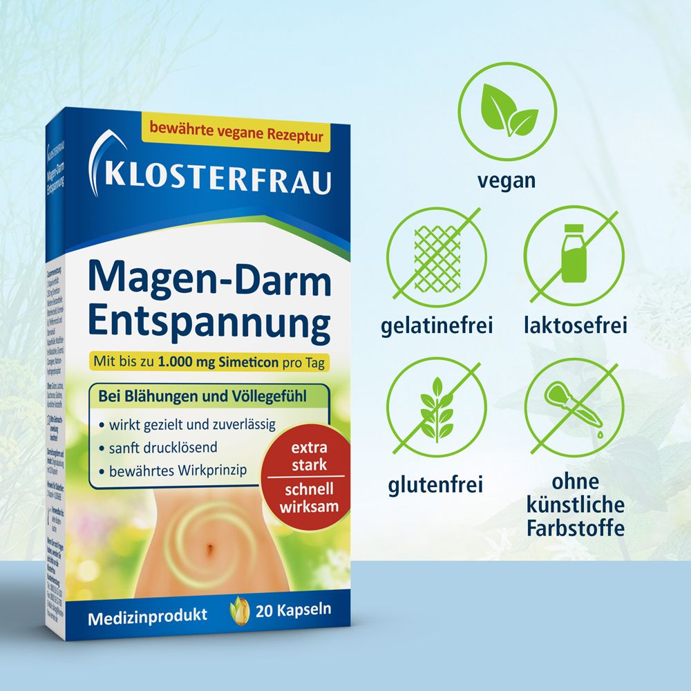 KLOSTERFRAU Magen-Darm Entspannung. 20 Kapseln. Vegan, gelatinefrei, laktosefrei, glutenfrei, ohne künstliche Farbstoffe.