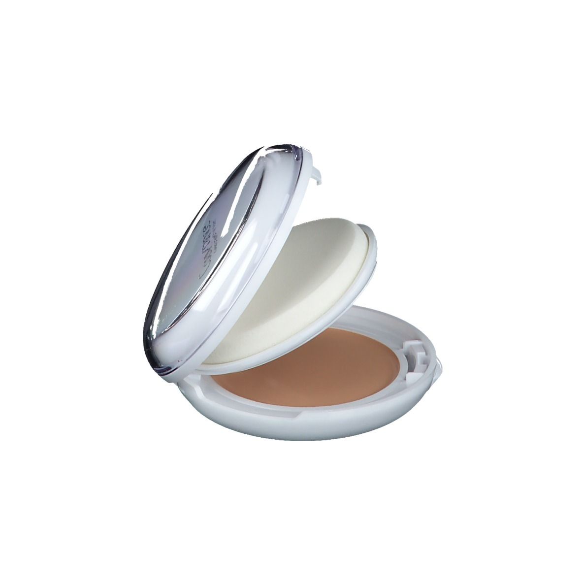 Weißes Kompakt-Make-up-Etui, geöffnet. Enthält Puder und Schwamm. Puder in hellem Farbton.