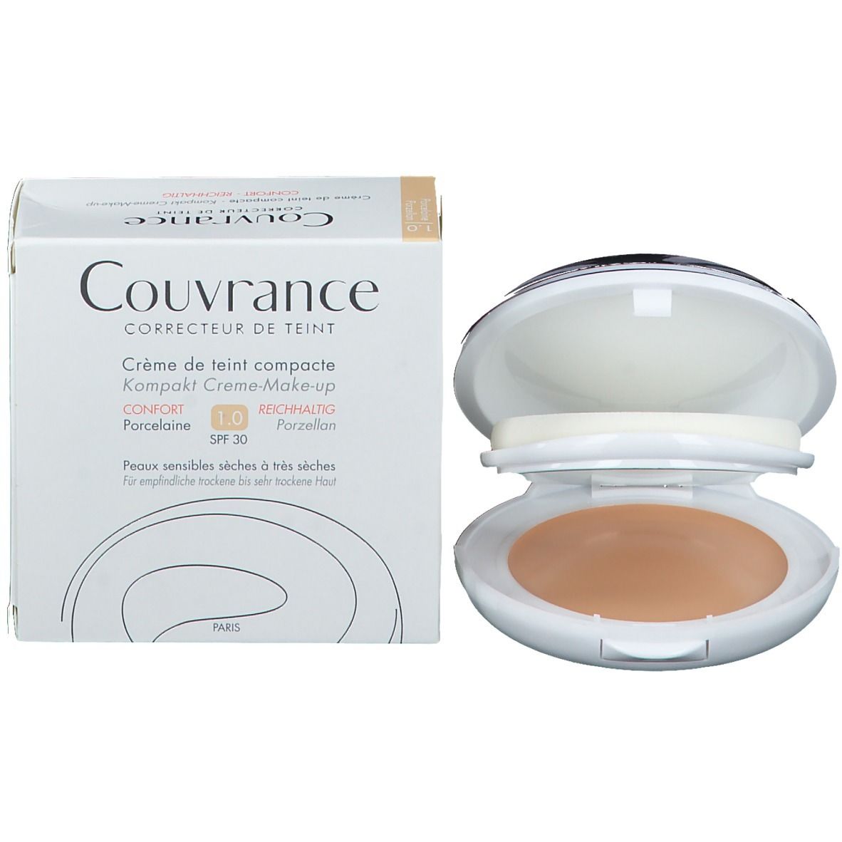 Kompakt-Make-up und Verpackung. Weiße Verpackung mit Produktnamen und Details. Dose geöffnet.