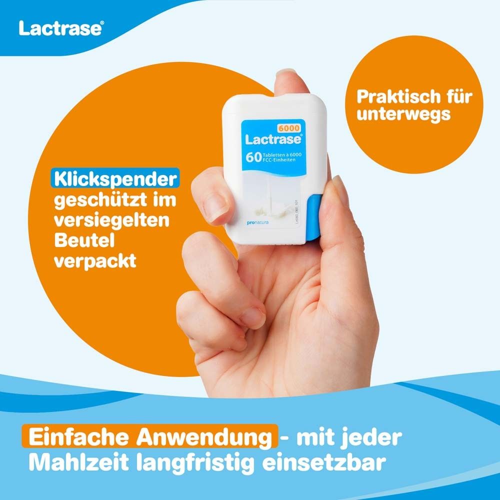 Hand hält Klickspender mit Lactrase 6000 Tabletten. Text: Klicksspender geschützt im Siegelbeutel verpackt.