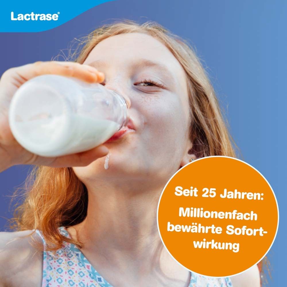 Mädchen trinkt Milch aus Flasche. Lactrase Logo. Text: Seit 25 Jahren: bewährte Sofortwirkung.