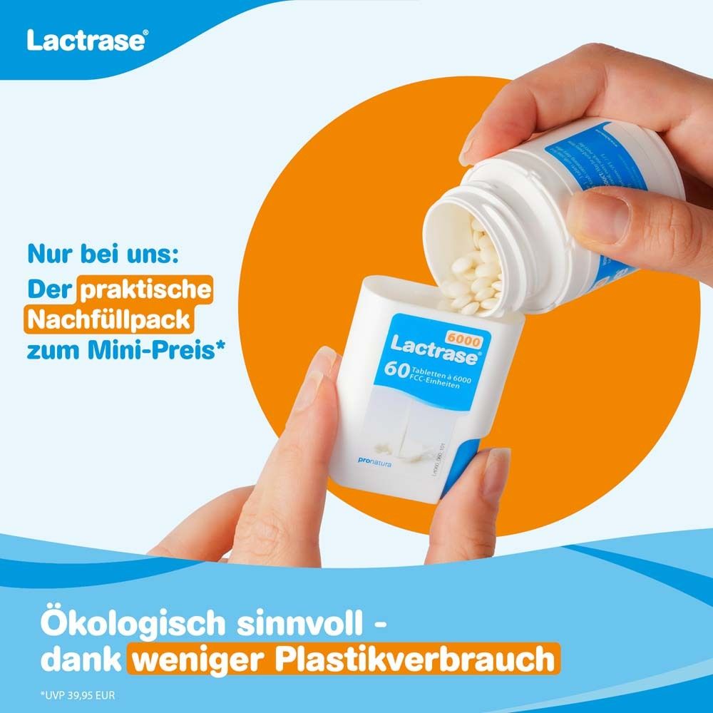 Hand befüllt Klickspender mit Tabletten. Text: Nachfüllpack zum Mini-Preis. Ökologisch sinnvoll.