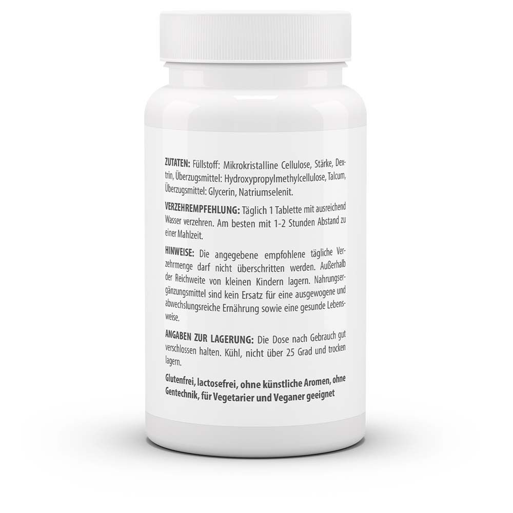 Rückseite der weißen Flasche. Zutaten, Verzehrempfehlung, Hinweise und Angaben zur Lagerung.