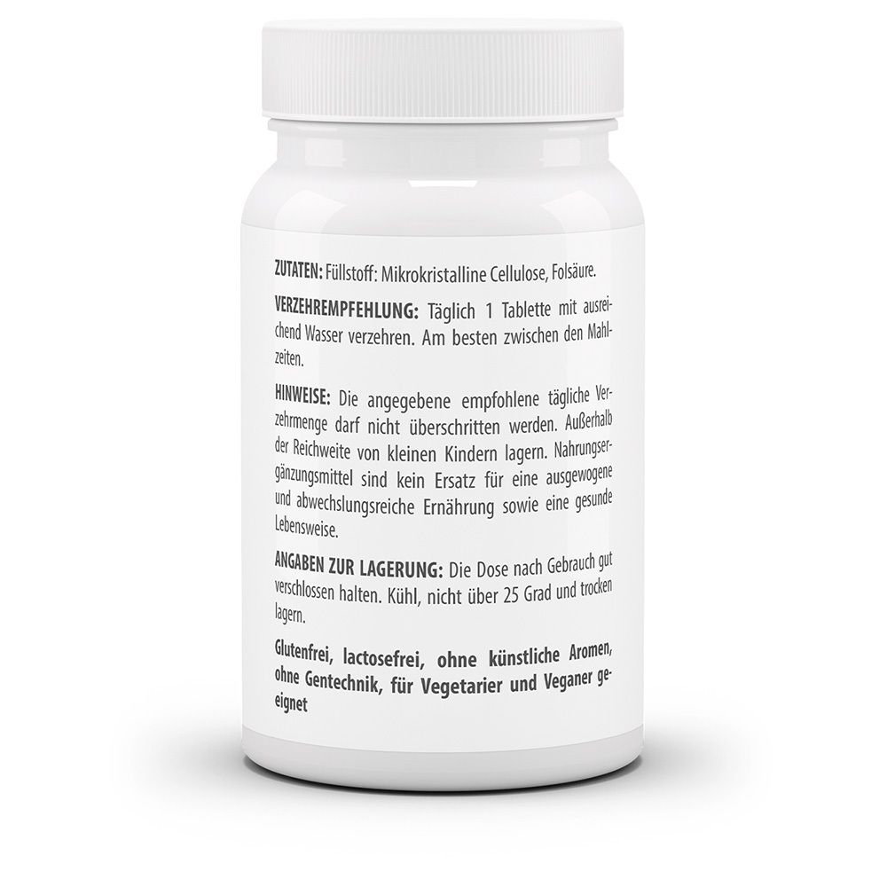 Rückseite der Tablettenflasche. Zutaten, Verzehrempfehlung: 1 Tablette täglich. Hinweise zur Lagerung. Glutenfrei, lactosefrei, ohne künstliche Aromen.