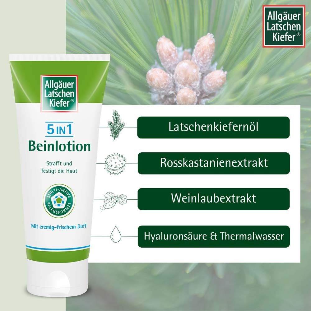 Tube und Icons mit Inhaltsstoffen. Logo: Allgäuer Latschenkiefer. Text: 5 in 1 Beinlotion. Icons: Latschenkiefernöl, Rosskastanienextrakt, etc.