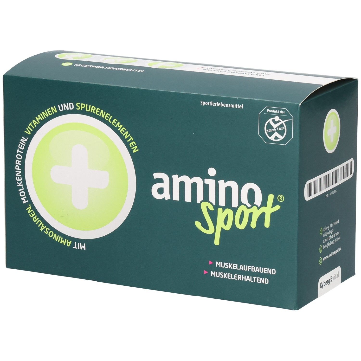 Grüne Schachtel mit Aminosport-Logo und Text. Enthält Molkenprotein, Vitamine, Spurenelemente. Sportlernahrung.
