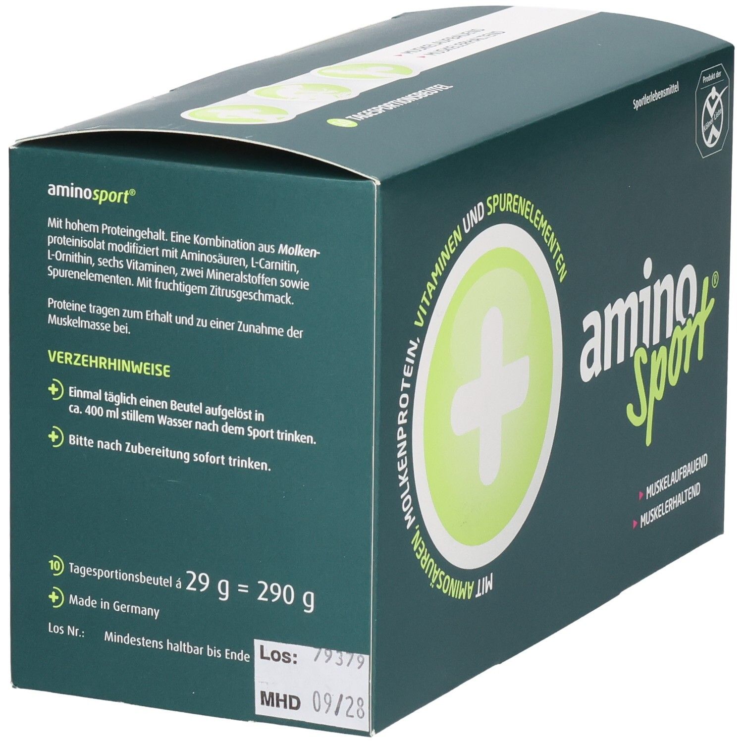 Grüne Aminosport-Schachtel mit Text. Enthält Molkenprotein, Aminosäuren, Vitamine, Spurenelemente. 10 Beutel.