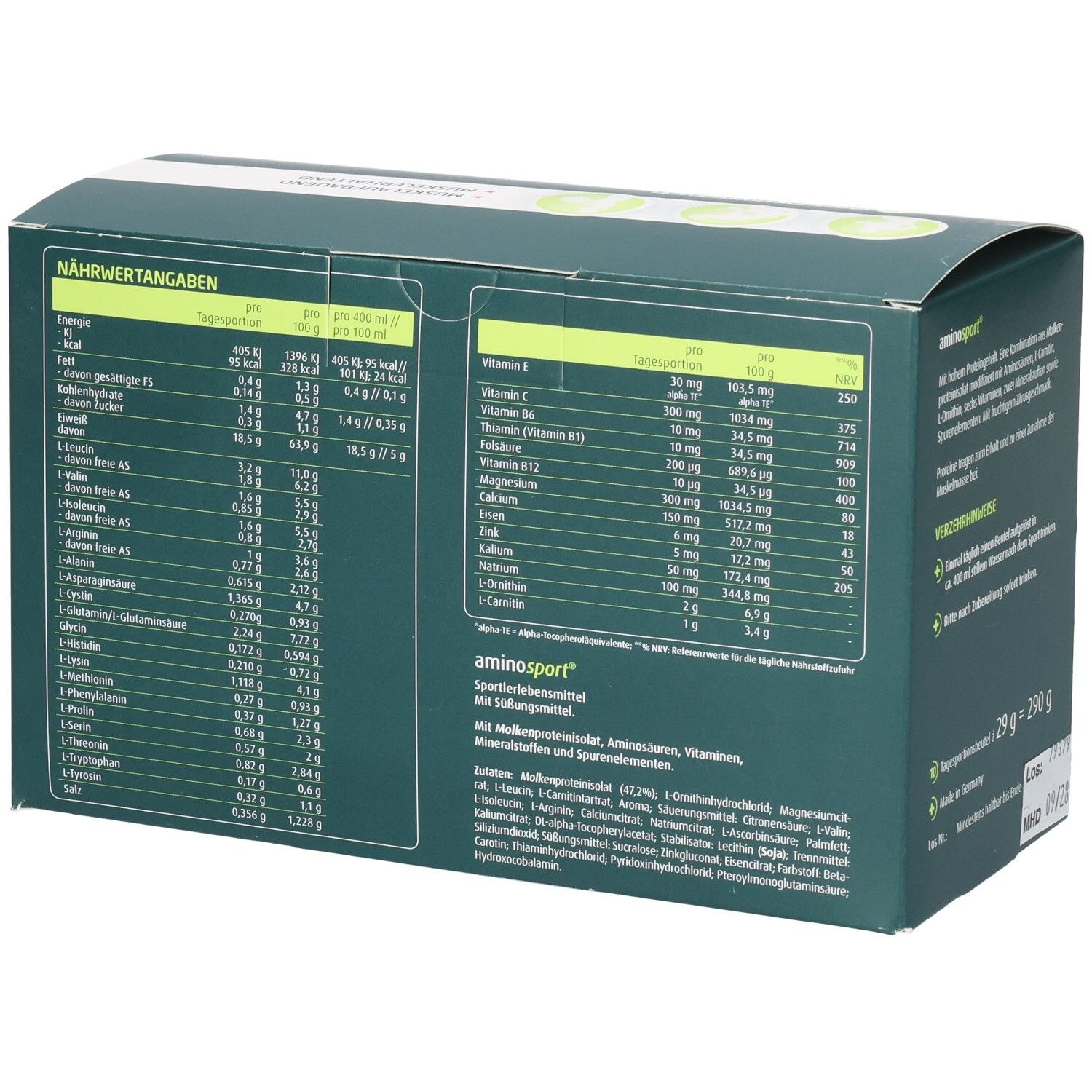 Grüne Aminosport-Schachtel mit Nährwertangaben. Enthält Proteine, Vitamine, Mineralien. Rückseite der Verpackung.