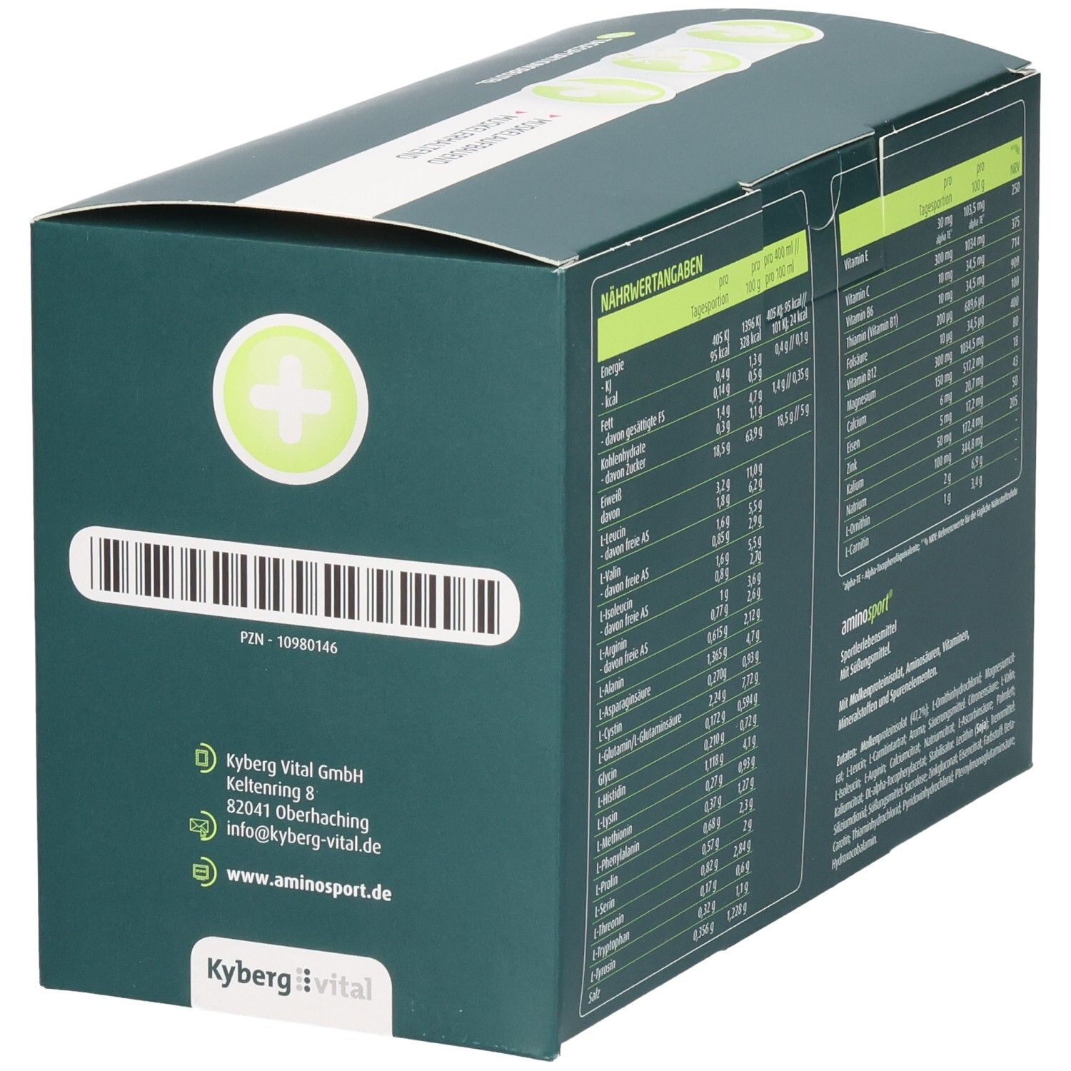 Grüne Aminosport-Schachtel mit Barcode und Text. Enthält Nährwertangaben. Herstellerinformationen.
