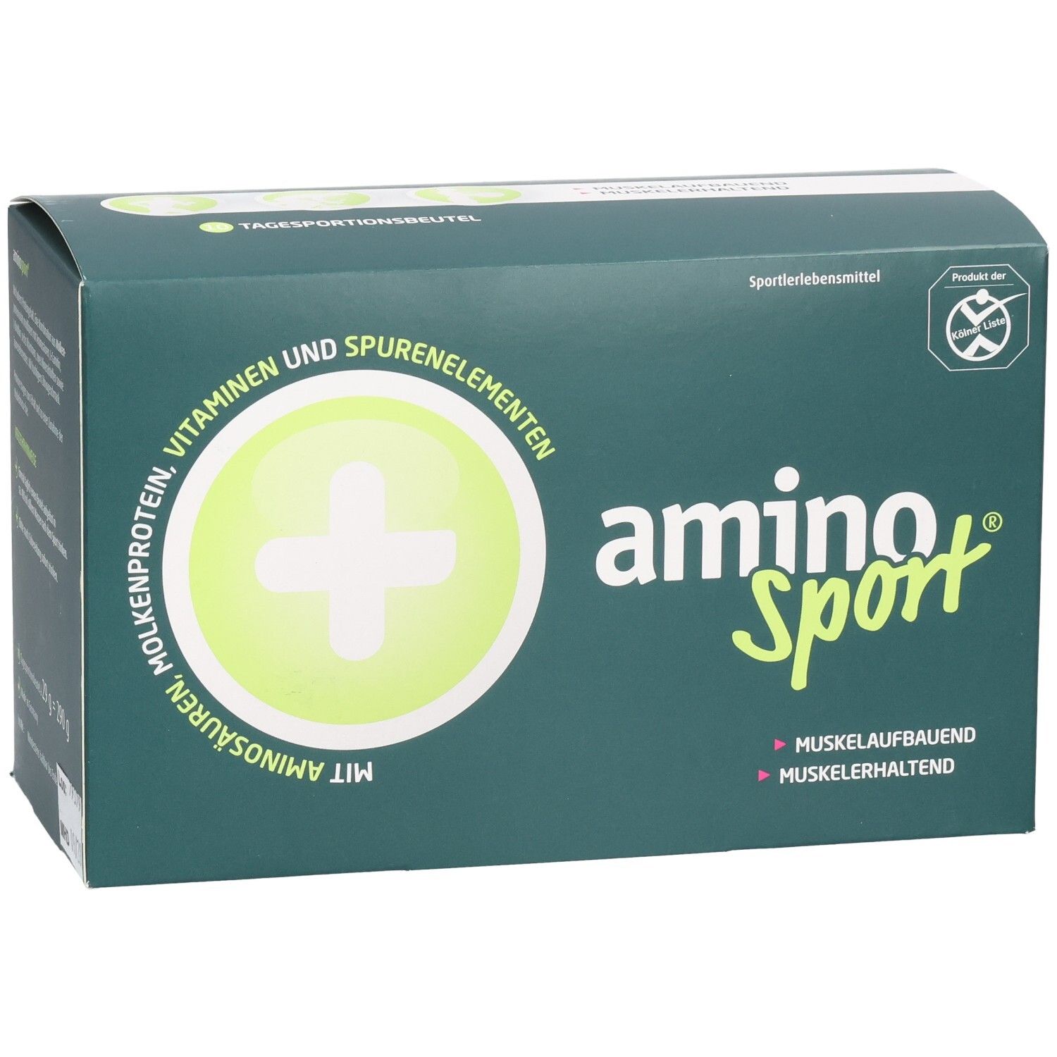 Grüne Schachtel mit Aminosport-Logo und Text. Enthält Molkenprotein, Vitamine, Spurenelemente. Sportlernahrung.