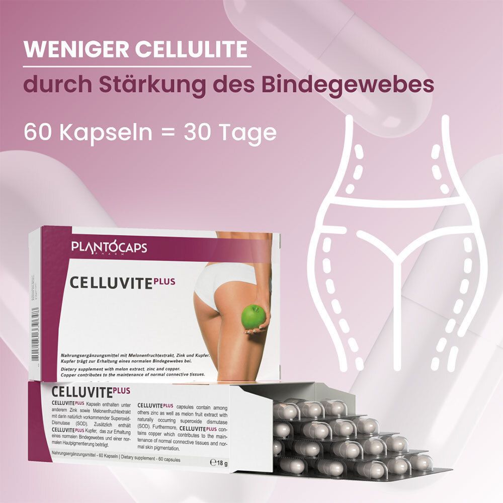 Verpackung und Blisterpackung von plantoCAPS® CELLUVITE® PLUS mit Frau und Cellulite-Grafik.