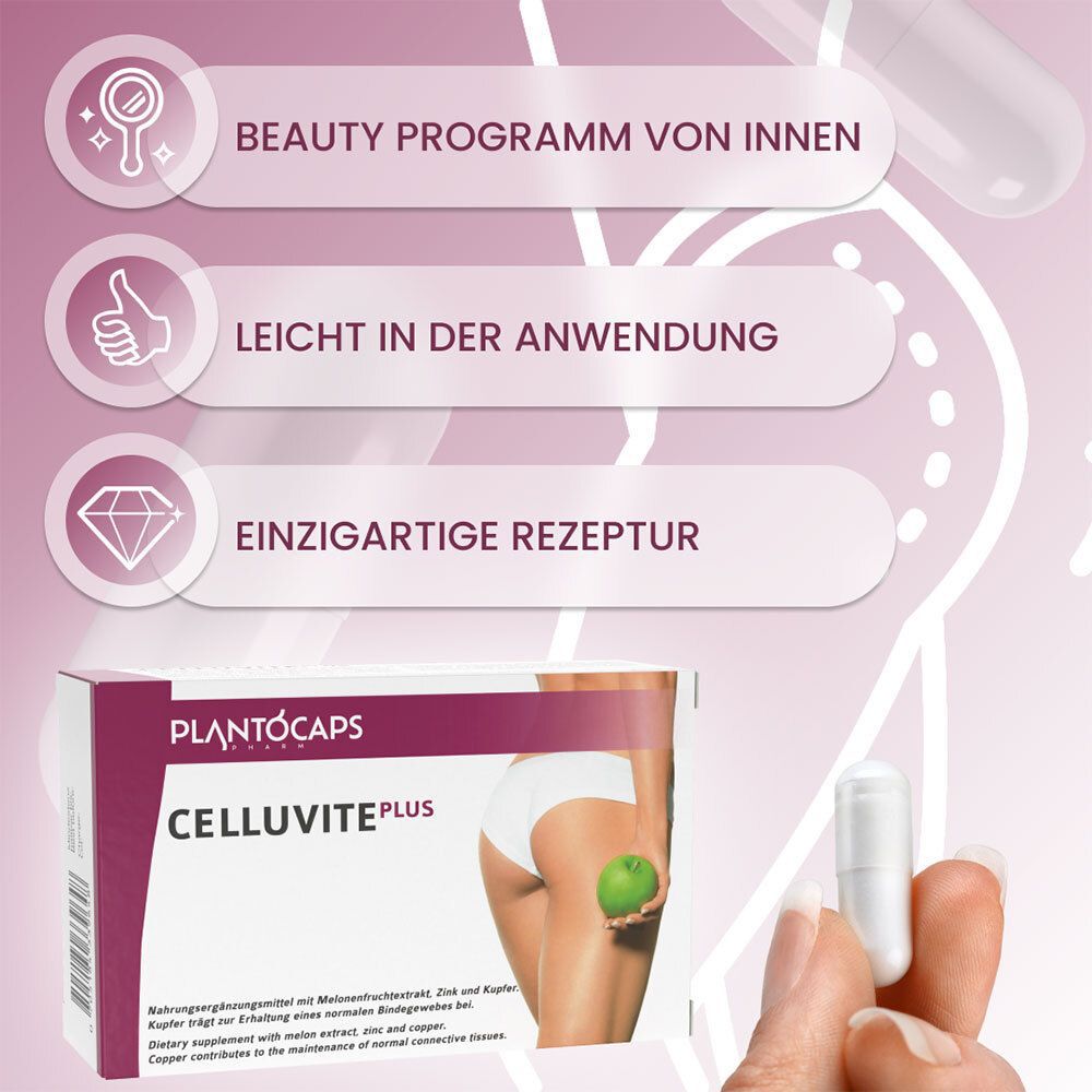 Verpackung von plantoCAPS® CELLUVITE® PLUS mit Frau, Hand und Kapsel, mit Icons.